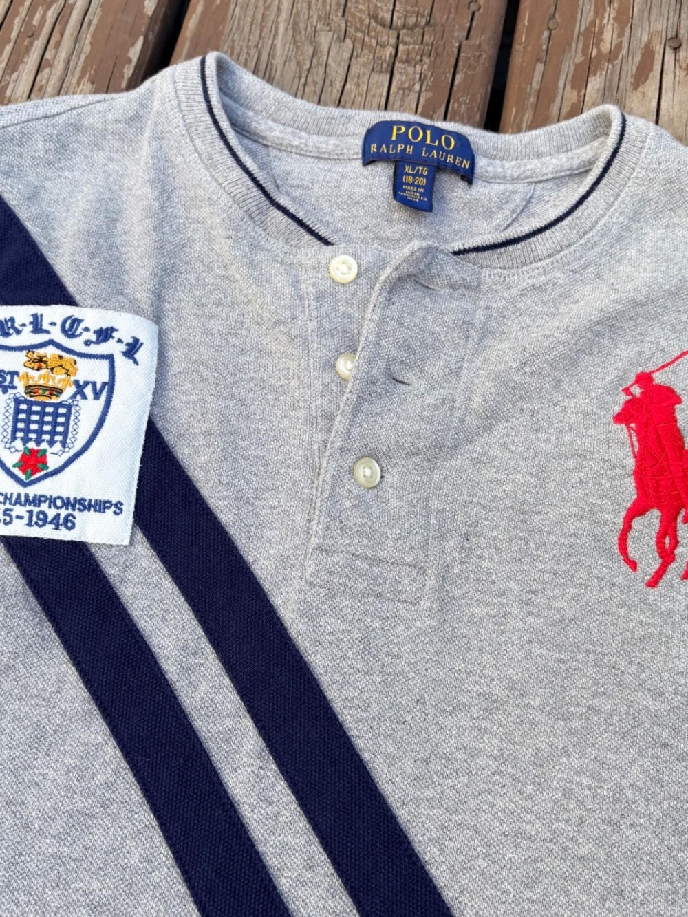 Polo Ralph Lauren Henley Shirt – Grey w/ Big Pony & Stripes (Boys XL / Unisex S) - Picture 6 of 7